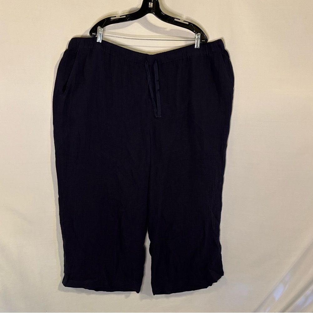Eileen Fisher Navy Blue Wide Leg Crop Elastic Waist Organic Cotton Pants 3X